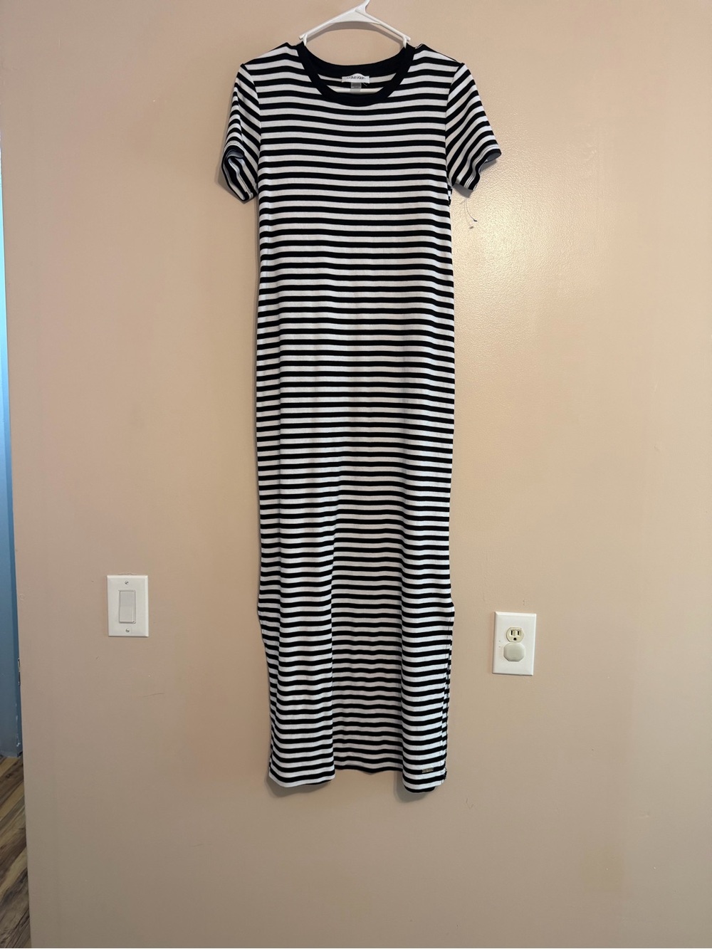 Calvin Klein Black and White Striped Short Sleeve Maxi Dress